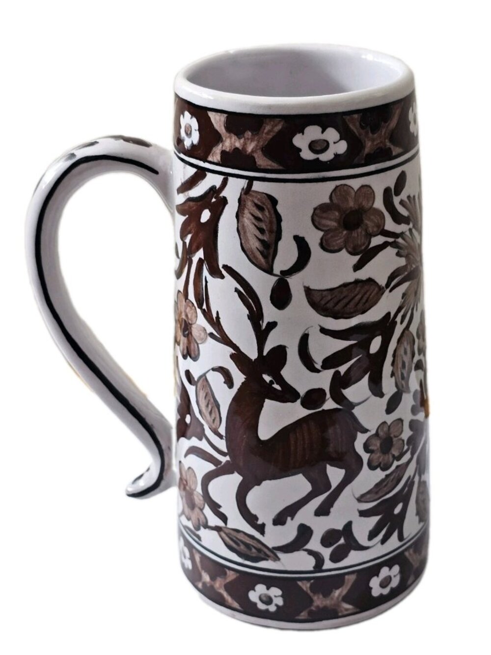 Vintage Ikaros Pottery Stein Mug Rhodes Greece Handpainted Deer Floral Motif 8"